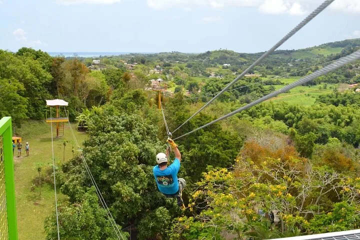 Eine Person an einer Zipline über Bäumen, dahinter ein hölzerner Plattformturm und grüne Hügel